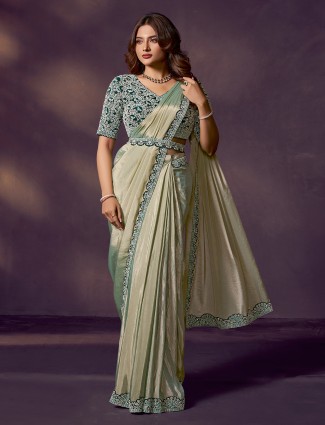 Pista green soft silk saree with mirror embellishments