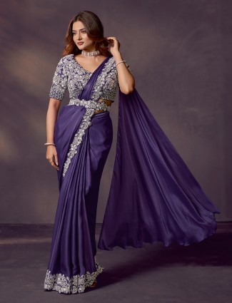 Deep purple satin silk saree with mirror accents