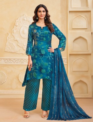 Rama blue silk printed salwar suit with sequins shine