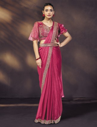 Rani pink satin silk saree with cutdana highlights