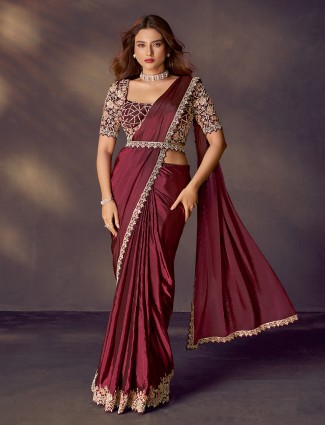 Wine soft silk saree with pearl and diamond radiance
