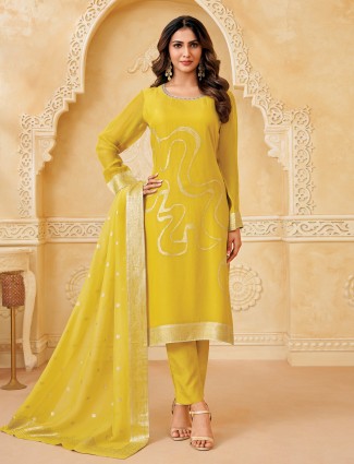 Yellow chiffon salwar suit with luminous zari work