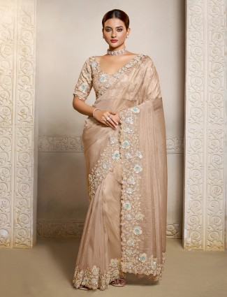 Beige organza satin saree with diamond sparkle