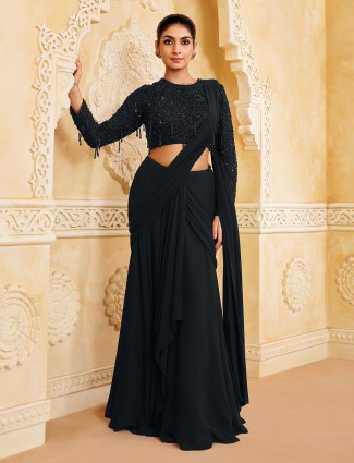 Black crepe western saree with sequins and cutdana brilliance