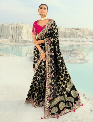 Black dola viscose saree accented with thread and sequins