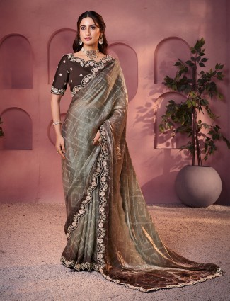 Rich brown bandhani shaded two tone satin saree