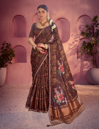 Brown gajji silk saree with sequins and zari work