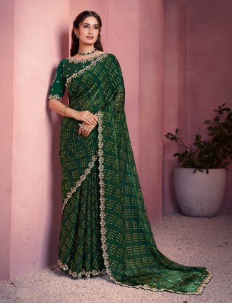 Lush green bandhani lehariya two tone silk saree