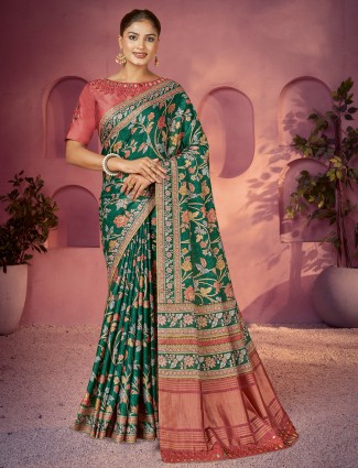 Green floral gajji silk saree with aabla detail