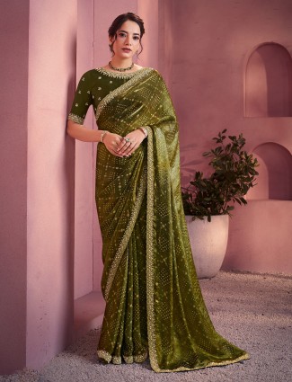 Mehendi green gajji bandhani satin silk saree