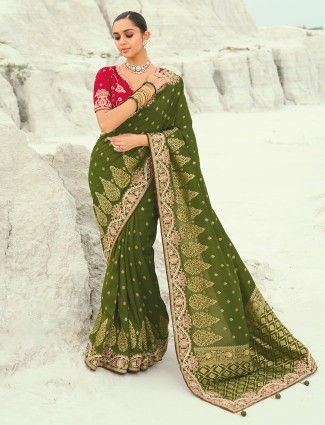 Mehendi green dola viscose saree with beads and cutdana