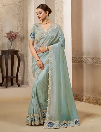 Mint blue organza tissue silk saree of ethereal beauty