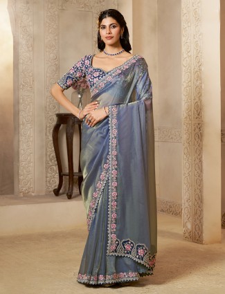 Pastel grey organza satin saree with subtle sparkle