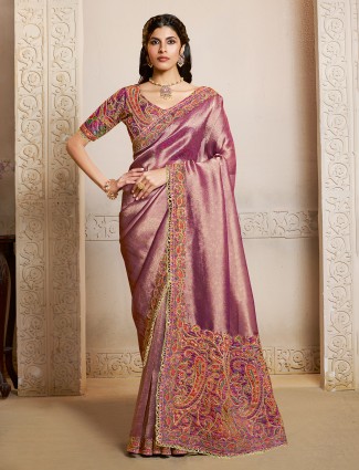 Beige organza satin saree with diamond serenity