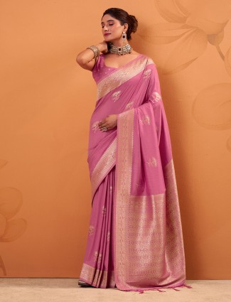 Pink tusser silk saree with lustrous zari highlights
