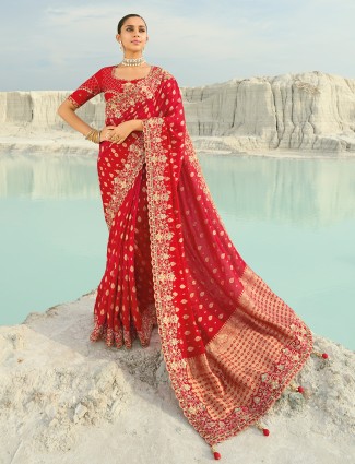 Red dola viscose saree with embroidery and zari work