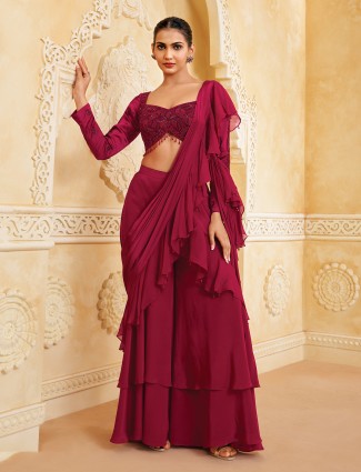 Elegant wine crepe ready to wear saree with rich beadwork