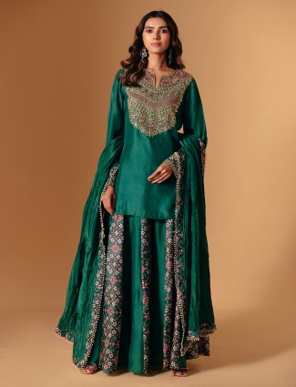 Green printed silk full sleeve palazzo suit