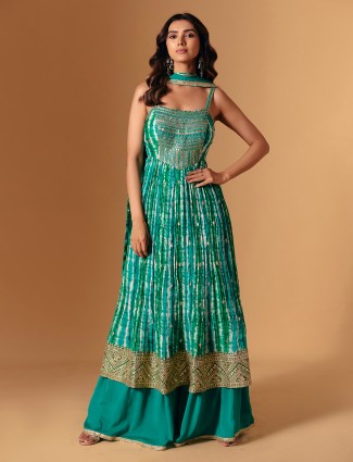 Green silk printed zardosi embroidered palazzo suit