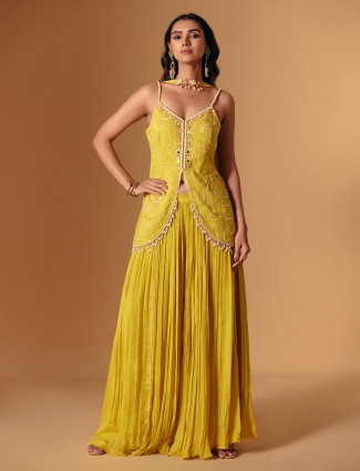 Mehendi yellow chiffon mirror work palazzo suit
