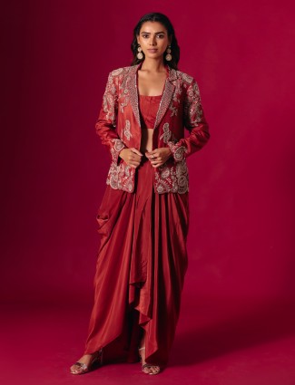 Rust red satin silk indo-western jacket suit