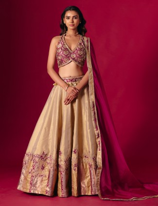 Wine and beige silk bridal lehenga choli with aabla zardosi charm