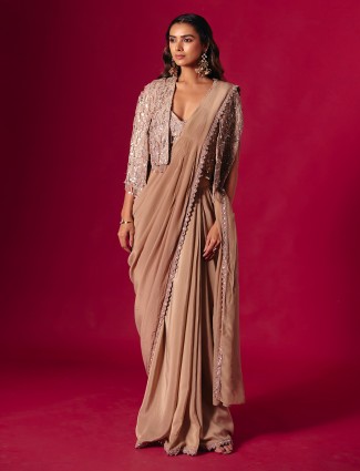 Beige lycra saree with resham and diamond work