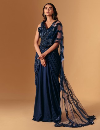 Navy lycra saree with elegant embellishment