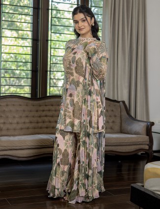 Peach georgette embroidered ruffle palazzo suit