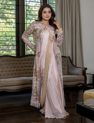 Pink georgette silk shrug style palazzo suit