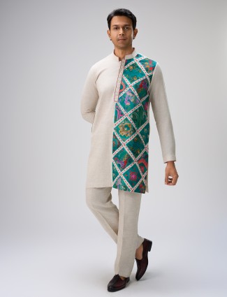 Off white kurta with pajama attire for men