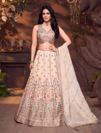 Cream silk sweetheart embroidered lehenga choli