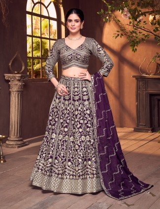 Dark purple silk quarter sleeve embellished lehenga choli