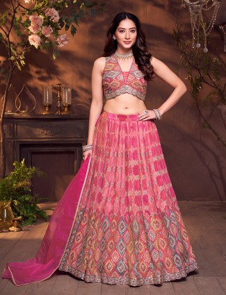 Deep pink silk V neck printed lehenga choli