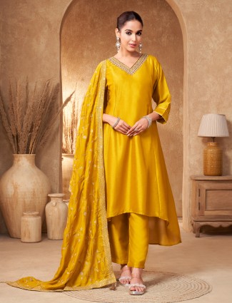 Mustard yellow silk zardosi crafted suit