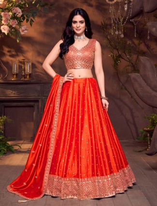 Orange silk sweetheart neck festive lehenga choli