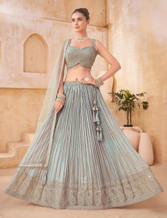 Pastel grey silk sweetheart neck elegant lehenga choli