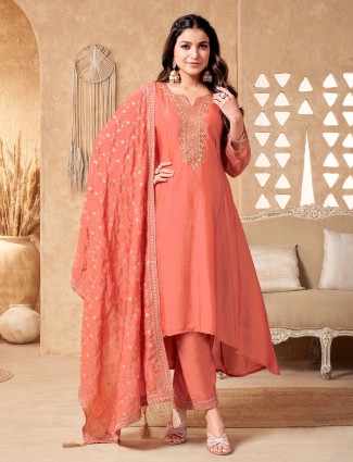 Peach silk suit with multi work detailing
