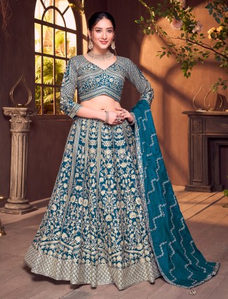 Rama blue silk quarter sleeve mirror work lehenga choli