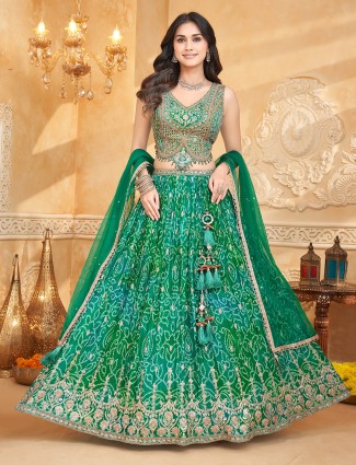Rama green silk bandhej dupatta heavy work lehenga choli