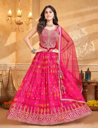 Rani pink silk printed dupatta festive lehenga choli