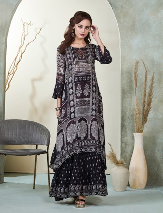 Black printed cotton silk sharara kurti set
