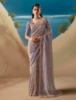 Blue satin organza luxurious celebration saree