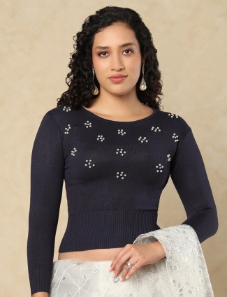 Navy woolen blouse with pearl and diamond grace