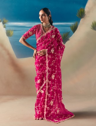 Pink satin organza wedding ready sparkle saree