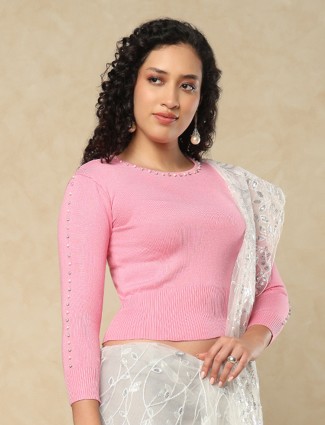Pink woolen blouse with pearl and diamond elegance