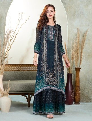 Rama green printed cotton silk sharara kurti set