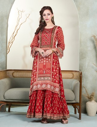 Red printed cotton silk sharara kurti set