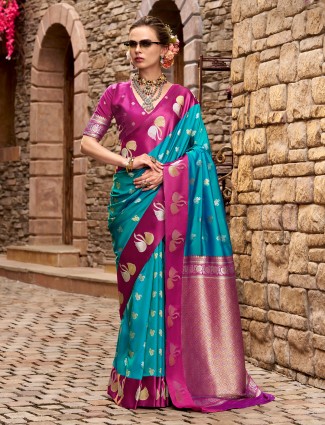 Blue satin silk weave with classic zari