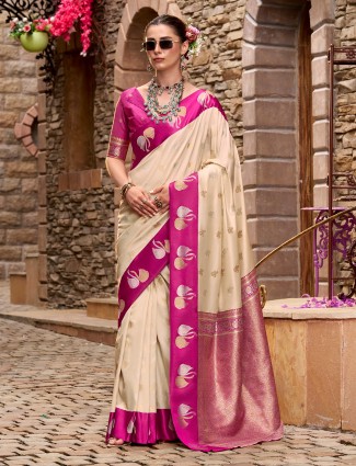 Cream satin silk elegance with zari touch